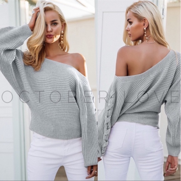 Gray Off-Shoulder Knit Sweater - Picture 2 of 7
